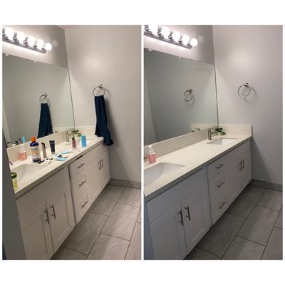 Before and After Bathroom was also thoroughly cleaned and sanitized from, mirrors, sinks, counter, toilet bowl, cabinets and floor.