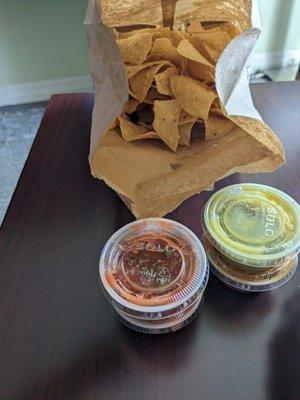 Huge bag of chips and salsas