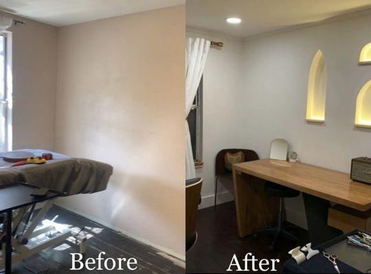 Before/After. Lighted wall niches, crown molding, baseboards, recessed ceiling lighting, paint, etc.