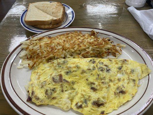 Bacon omelette and hash browns and toast- very good and affordable at less than $14 6/16/24