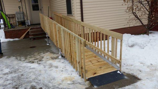 Alumiramp offers a wood ramp with aluminum supports. Installs fast and can be finished to match your home.