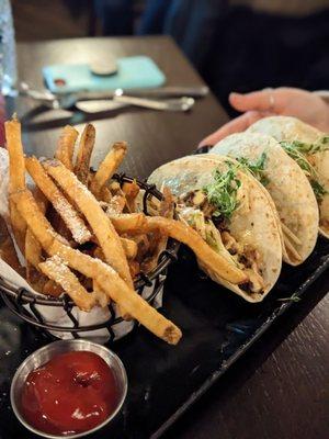 Korean Pork Belly Tacos.  Fries.