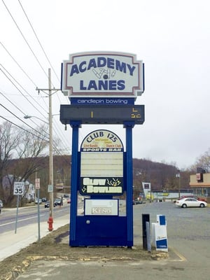 Sign to Academy Lanes as you drive by on South Main St in Bradford.