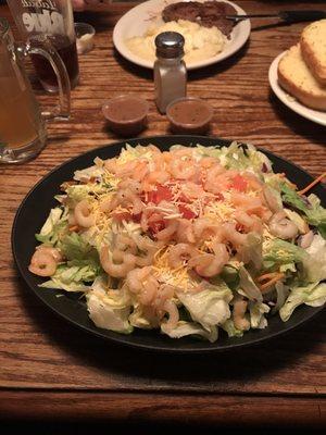 Shrimp salad (HUGE) and the ribeye with mashed (excellent!)