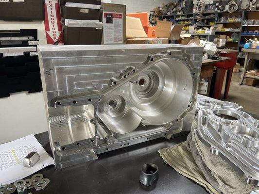 Differential being cut out of a solid block of billet aluminum.