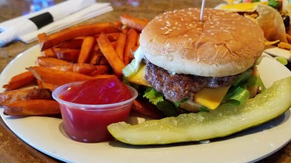 The "big boy burger" with sweet potato fries.