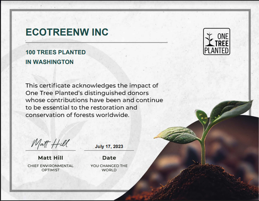 EcotreeNW plants 5 trees in Washington for every 1 removal.