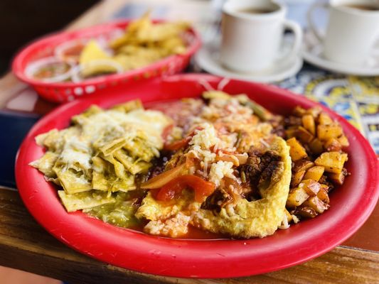 Chinampa OMELET with Green chilaquiles and Chorizo Potatoes