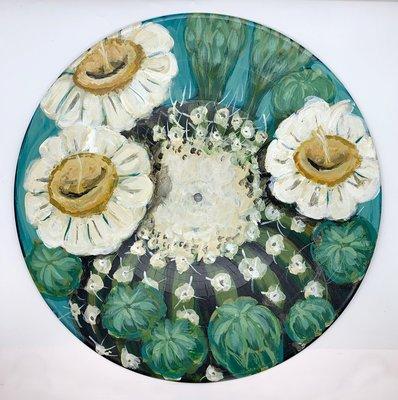 Saguaro Cactus Blooms by Jill Sans. Acrylic on up-cycled vinyl record.