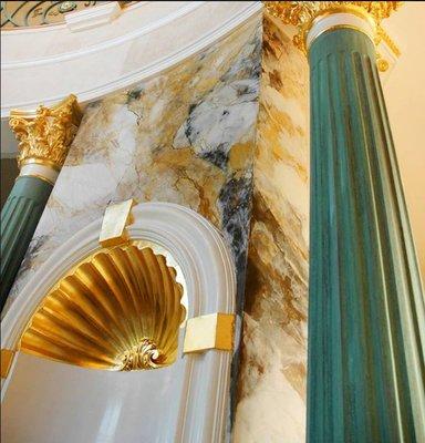 Italian Plaster finished as exotic Marble.  White Italian Plaster also shown in Niche.  Capitols and Niche shell are gilded with 23 K gold,