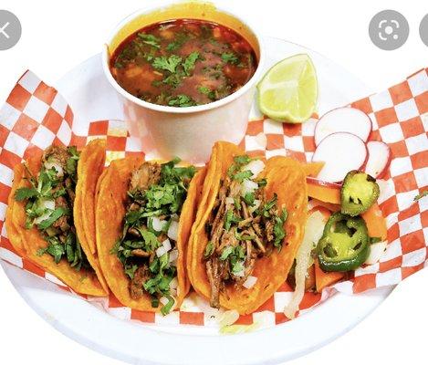 Combo quesabirrias or birria tacos con consome sin duda los más populares en Catrinas Mexican food no olvides la salsa especial para birria