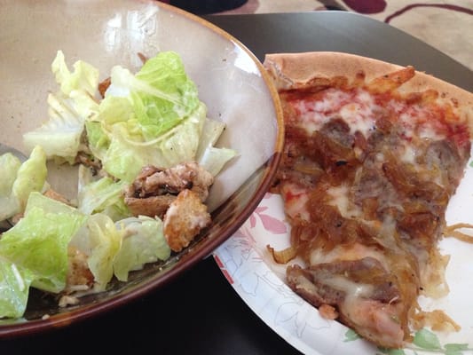 Sausage and caramelized onions with chicken Caesar salad!!! Excellent!