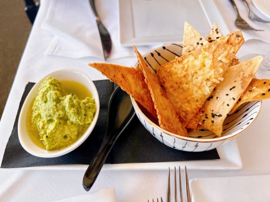 complimentary appetizer - chips with green garbanzo beans spread - it was so delicious and creative