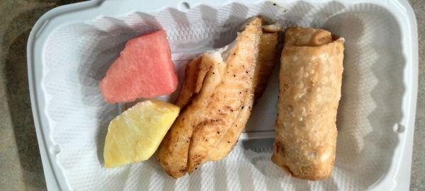 Egg roll, fish and fruit