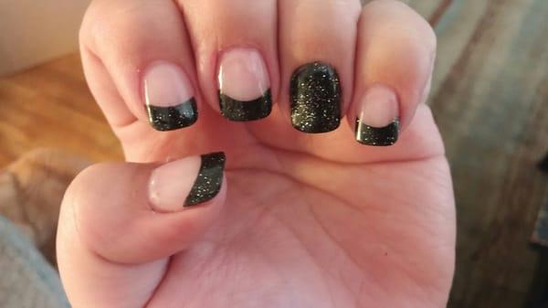 Black sparkle tips with accent nail. All scuplered Acrylic. By Anthony.