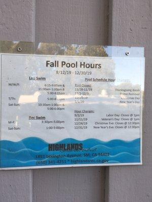 Fall 2019 pool hours