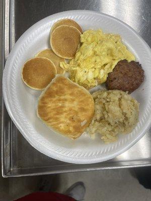 Breakfast and a movie at the Bakersfield Senior Center, 530 4th Street. Scramble eggs,sausage,hash brown potatoes, and mini pancakes.