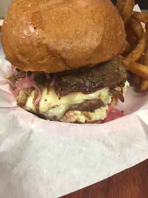 Burger Special-  Carolina Pig Pickin'.  Burger w/ pulled pork pepper jack cheese pickled red onions slaw and bbq sauce