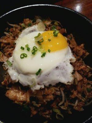 Kimchi Fried Rice (kimchi, fried egg, scallions, onion and pork belly). Highly recommend if you like some spiciness in your food.