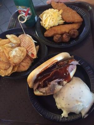 Caprese sandwich, roast beef sandwich, and Fish, mac & cheese, w/ hush puppies