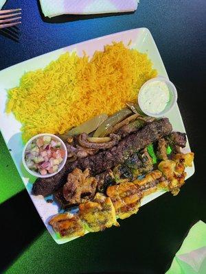 Lamb Tikka Kabob Plate, with an extra Chicken Tikka Skewers and Kabob Kubideh Skewer.