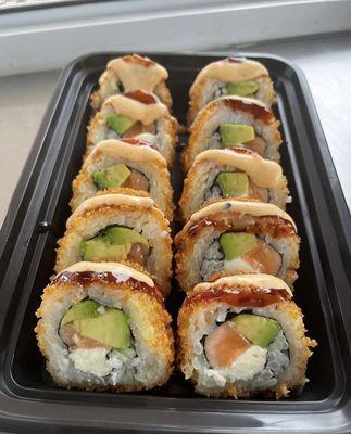 Crunchy roll beautifully presented and bursting with flavor.