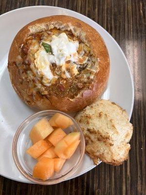 White Chili in a homemade bread bowel.