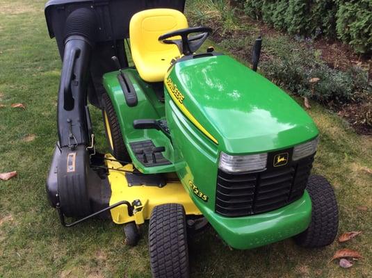 John Deere GT235 18hp Briggs twin w/48" deck and Powerflow bagger.
   Great for hilly property.