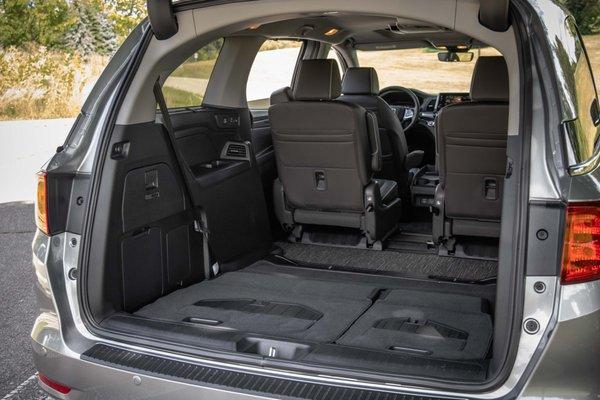 The back row seat folded down for more luggage room in our 2022 Honda odyssey