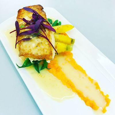 Pan Seared Halibut w/Vegetables, Carrot Puree and Citrus Beurre Blanc.