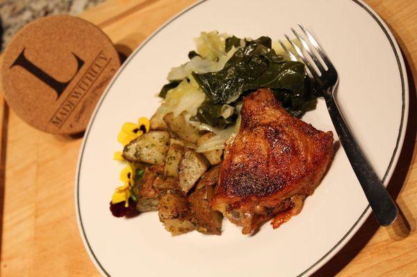 Crispy baked chicken, collard and cabbage mix, roasted potatoes.