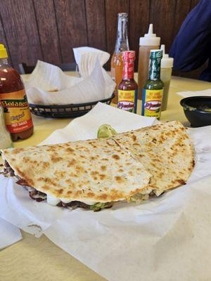 Huge quesadilla, folded 12" tortilla with almost 1" filling (I measured!)