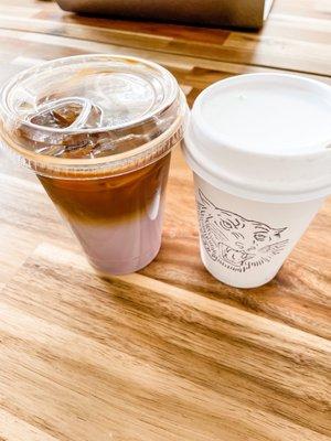 Pineapple ube iced latte and butter scotch miso hot latte