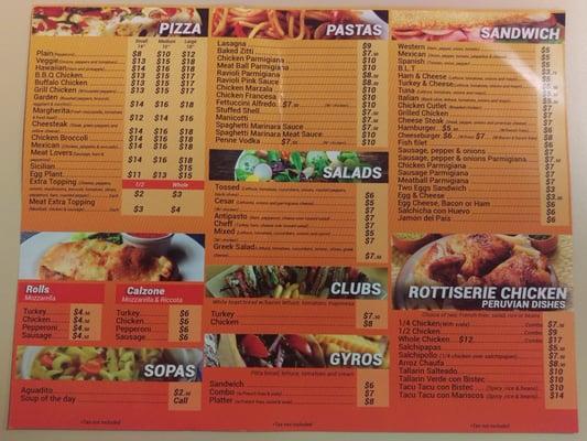 Joe's Pizza Menu Back