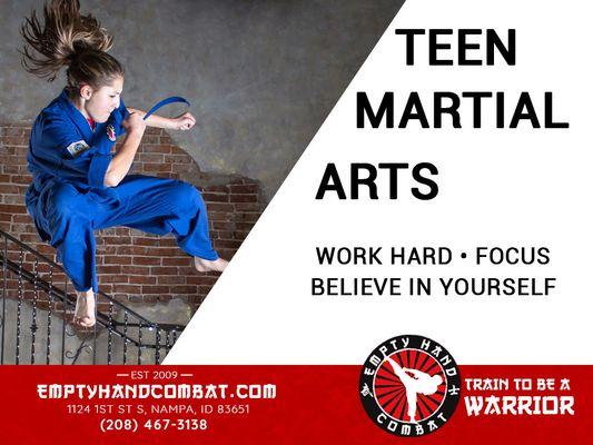 Teen Martial Arts classes now available at Empty Hand Combat. Call or drop by the Dojo and check us out!