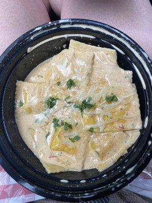 Chicken Quesadilla Ravioli with Chipotle Cream sauce