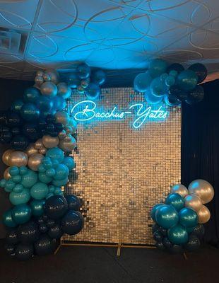 Gold Shimmer Wall, Neon Sign, Balloons