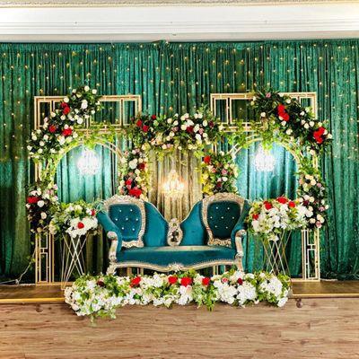 Backdrop and seating inventory from a selection of options. Traditional indian wedding venue, banquet hall, large venue, venue with catering