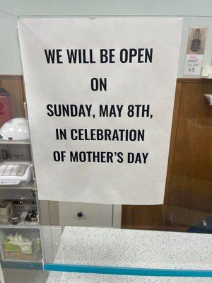 We will be open on May 8 th Mother's Day only thank you!!!