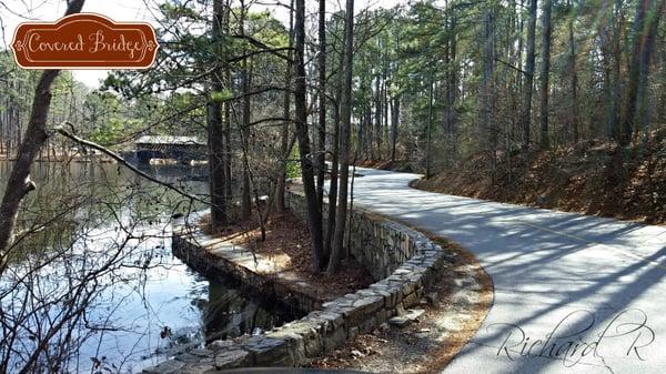 Covered bridge and Grist Mill share same parking area off Robert E. Lee Drive.