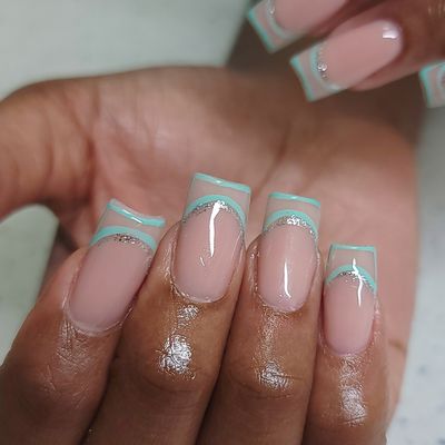 French Aqua Design on Square nails.