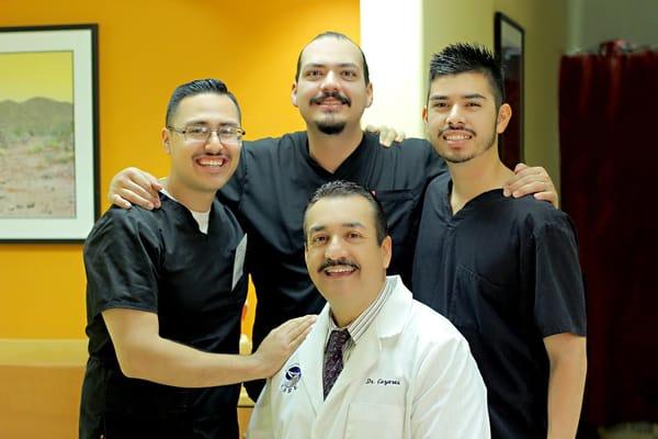 The fabulous crew From Left to Right- Frank-Chiropractic Assistant Zel- Office Manager Dr. Marco Cazares Ramon- Chiropractic Assistant