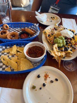 Crab nachos, basic store bought chips and salsa and onion rings fried in dirty oil.