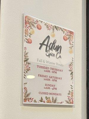 Fall and Winter Hours