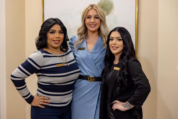 (right to left) Jennifer, our Medical Assistant, Ashley, our Registered Nurse Injector, and Marissa, our Advanced Esthetician.