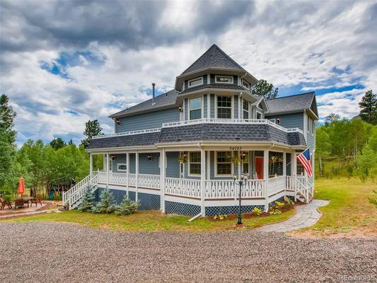 A new Victorian home made to look antique in the mountains of Pine, Colorado.