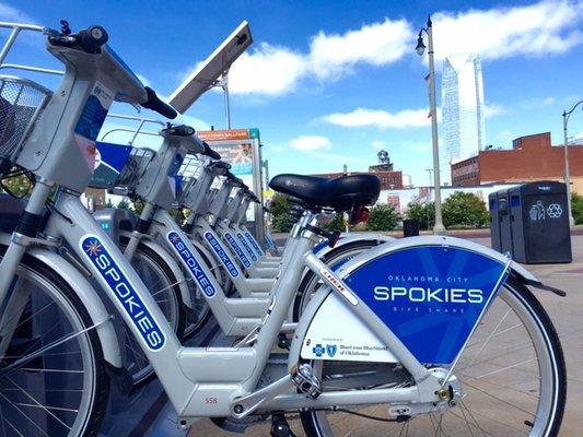 Our largest station is located in Bricktown. Ride to and from any of our stations. More details at SpokiesOKC.com