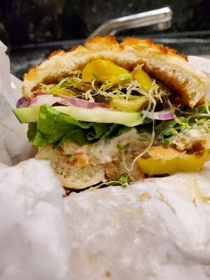 Chicken Salad Sandwich on a Dutch crunch roll.