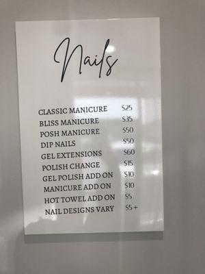 Pricing posted for nail services