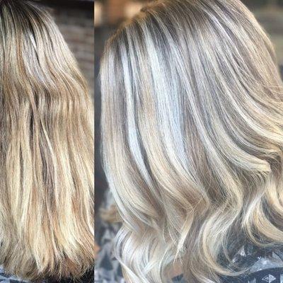 Before and after on Bridgette...A full head of Balayage, an icy overlay, and a precision cut took her hair from dull to stunning!